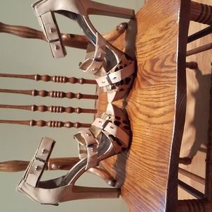 Guess by Marciano Brown Gold Leopard Calf Hair Ankle Strap Shoe Size 8